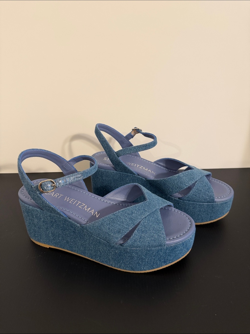 Stuart Weitzman Women Denim Blue Platform Sandals - Picture 3 of 6